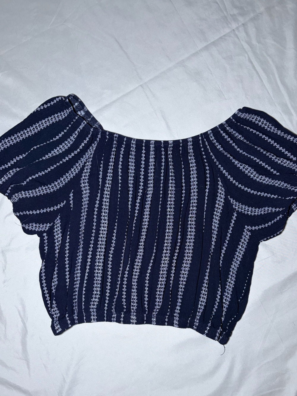 Shoreline Navy Blue and White Striped Off The Shoulder Crop Top with Elastic